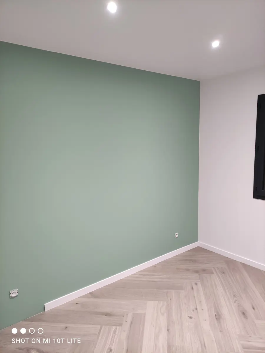 Mur peint en vert sauge dans une chambre